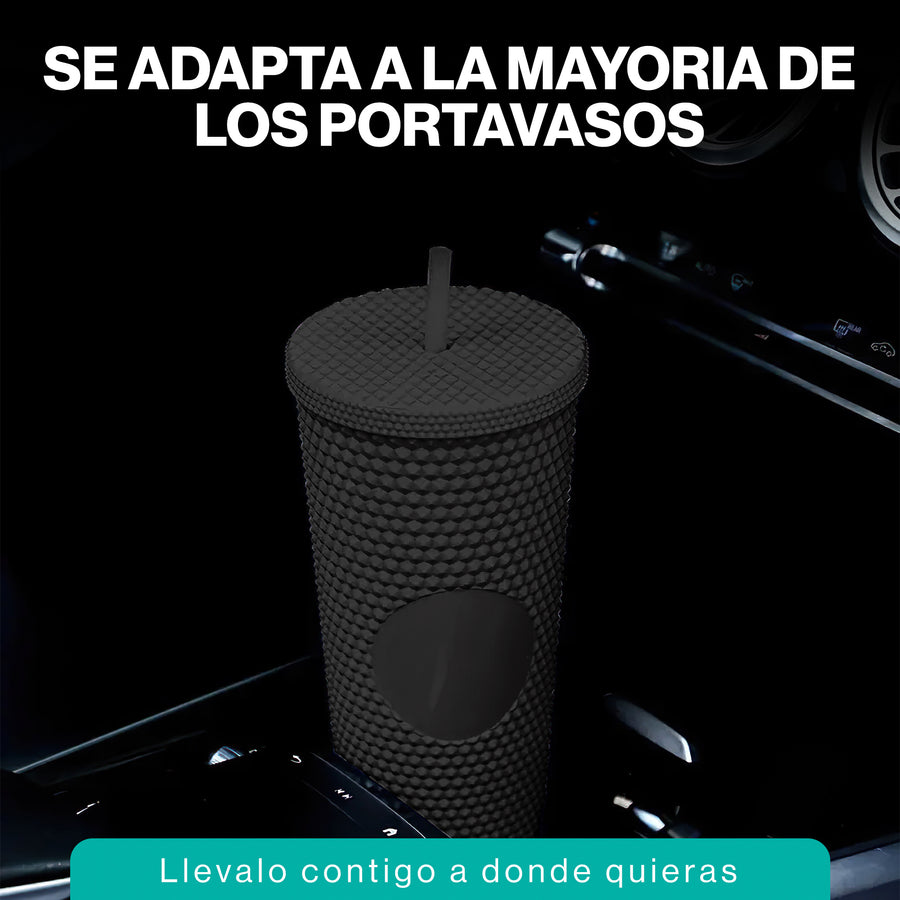Vaso Térmico con Tachuelas 700 ml · Popote y Tapa de Rosca · Doble Pared color Negro