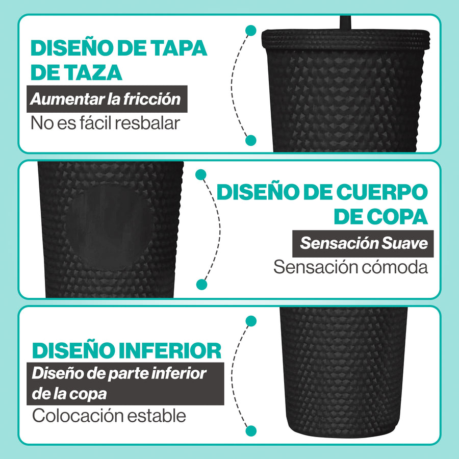 Vaso Térmico con Tachuelas 700 ml · Popote y Tapa de Rosca · Doble Pared color Negro