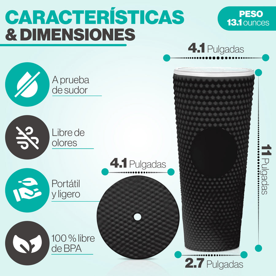 Vaso Térmico con Tachuelas 700 ml · Popote y Tapa de Rosca · Doble Pared color Negro