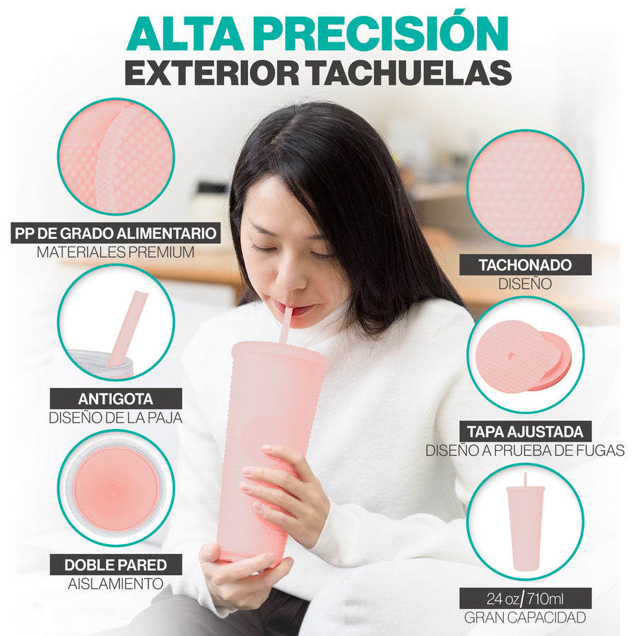 Vaso Térmico con Tachuelas 700 ml · Popote y Tapa de Rosca · Doble Pared color Rosa