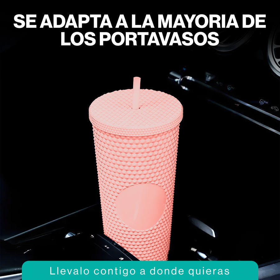 Vaso Térmico con Tachuelas 700 ml · Popote y Tapa de Rosca · Doble Pared color Rosa