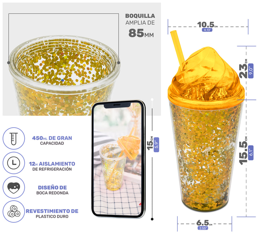 Vaso Térmico con Lentejuelas y Tapa Domo 450 ml · Con Popote · Doble Pared color Dorado