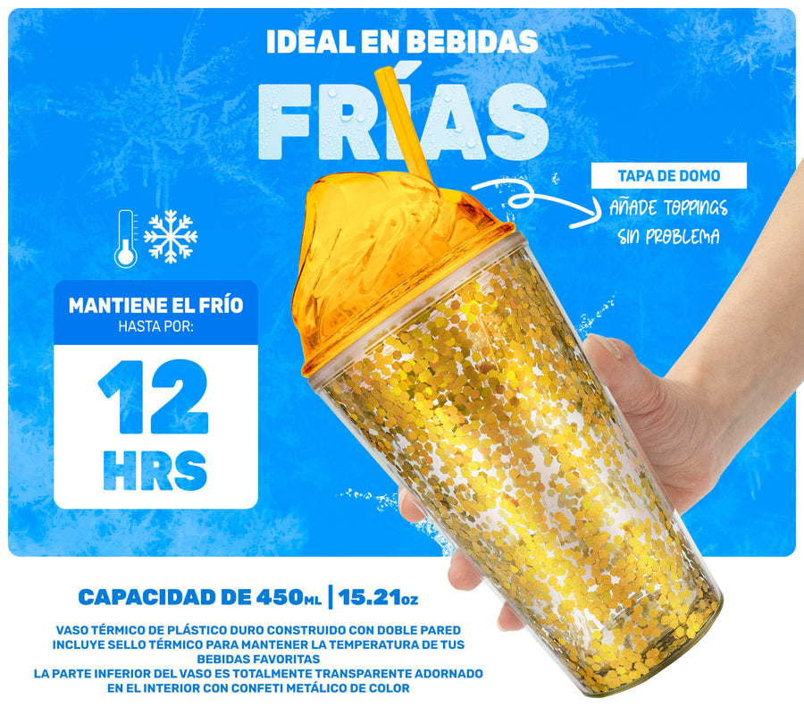 Vaso Térmico con Lentejuelas y Tapa Domo 450 ml · Con Popote · Doble Pared color Dorado