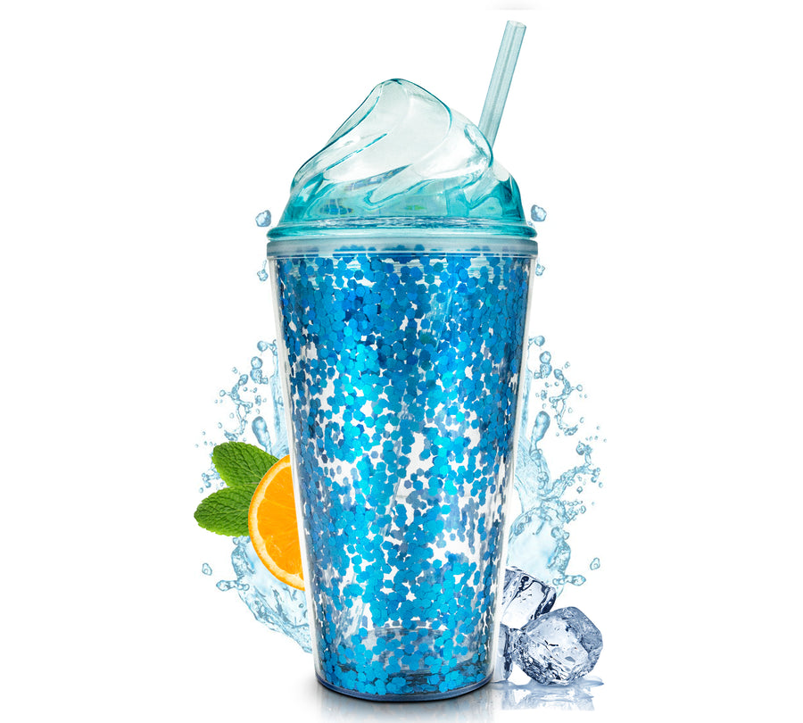 Vaso Térmico con Lentejuelas y Tapa Domo 450 ml · Con Popote · Doble Pared color Azul