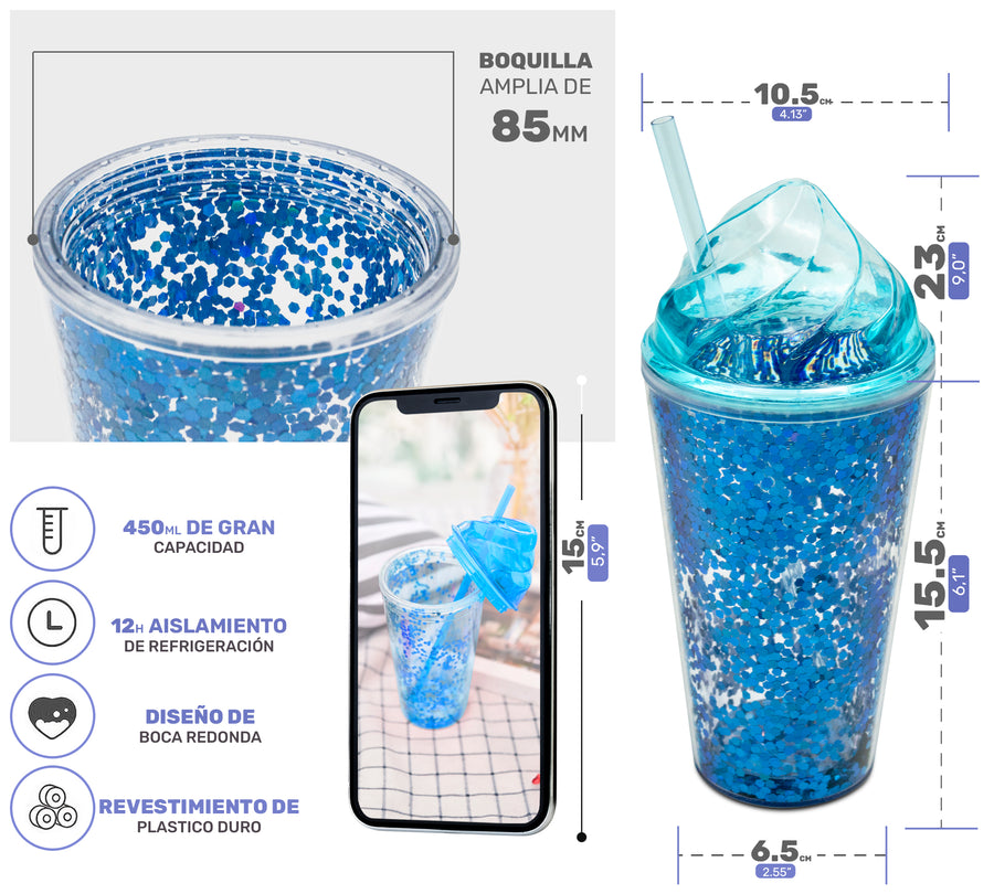 Vaso Térmico con Lentejuelas y Tapa Domo 450 ml · Con Popote · Doble Pared color Azul
