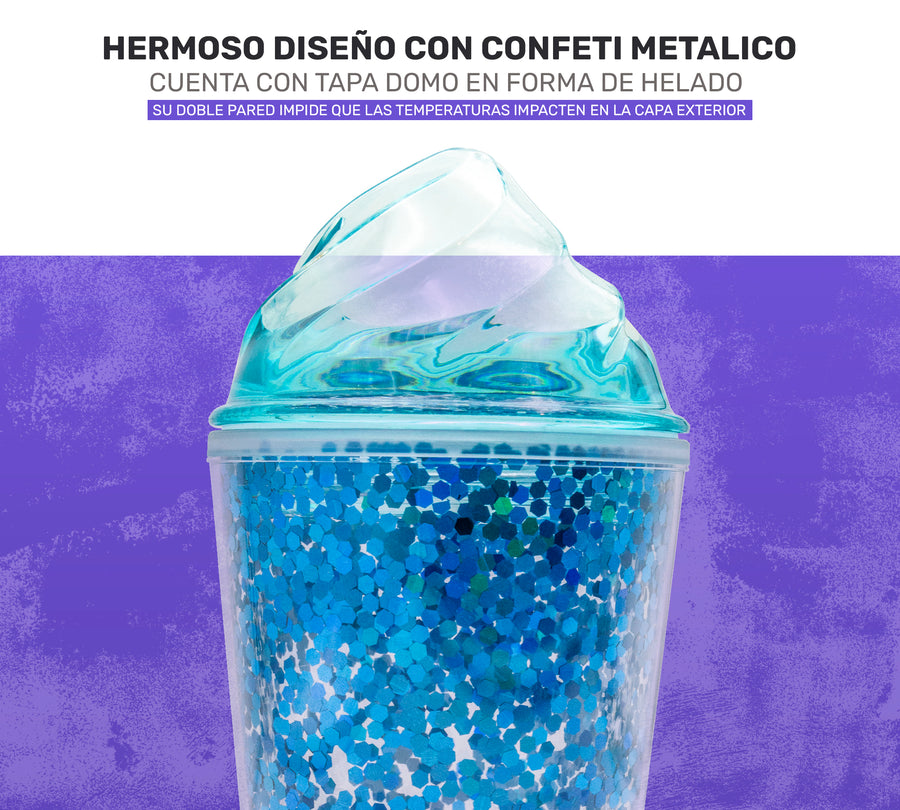 Vaso Térmico con Lentejuelas y Tapa Domo 450 ml · Con Popote · Doble Pared color Azul