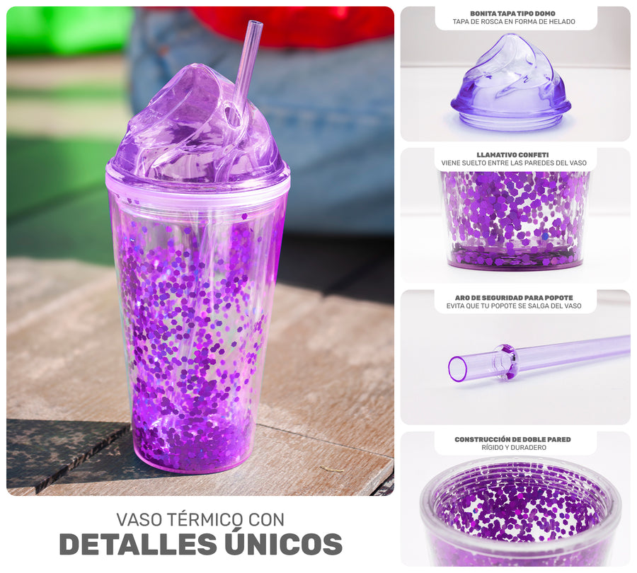 Vaso Térmico con Lentejuelas y Tapa Domo 450 ml · Con Popote · Doble Pared color Morado