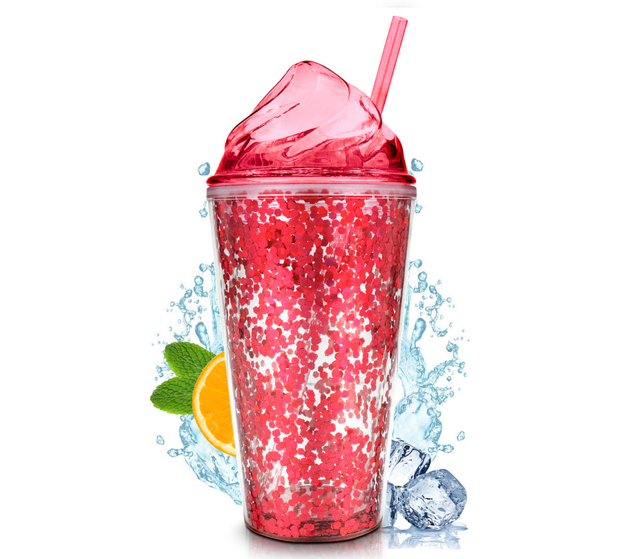 Vaso Térmico con Lentejuelas y Tapa Domo 450 ml · Con Popote · Doble Pared color Rojo
