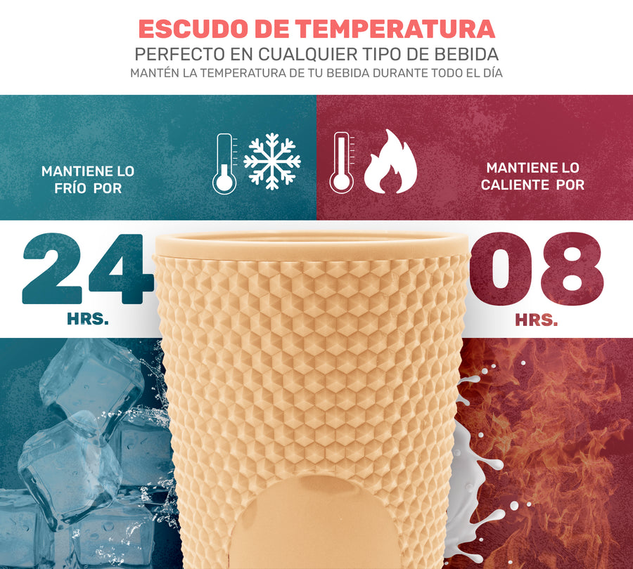 Vaso Térmico Texturizado con Relieve 700 ml · Popote y Tapa de Rosca · Doble Pared color Beige