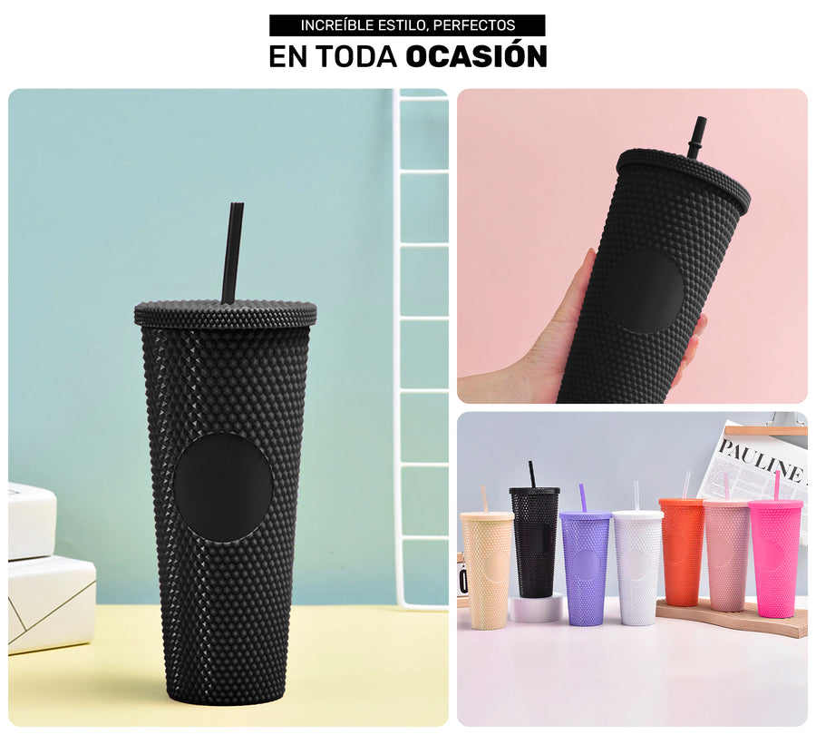 Vaso Térmico Texturizado con Relieve 700 ml · Popote y Tapa de Rosca · Doble Pared color Negro