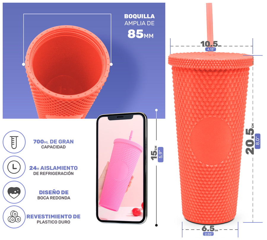 Vaso Térmico Texturizado con Relieve 700 ml · Popote y Tapa de Rosca · Doble Pared color Coral