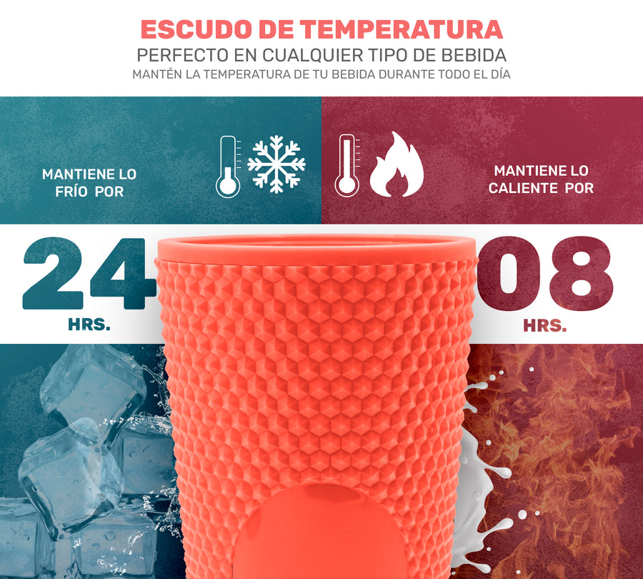 Vaso Térmico Texturizado con Relieve 700 ml · Popote y Tapa de Rosca · Doble Pared color Coral