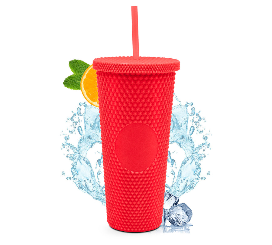Vaso Térmico Texturizado con Relieve 700 ml · Popote y Tapa de Rosca · Doble Pared color Rojo