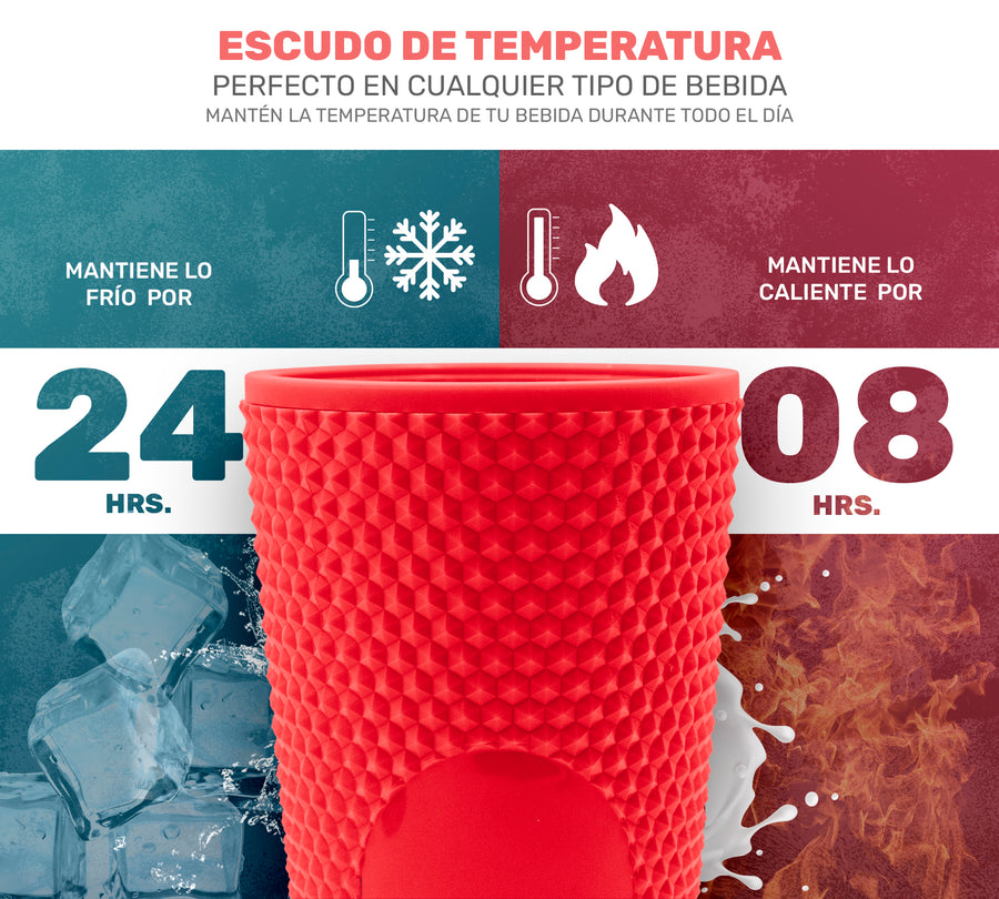 Vaso Térmico Texturizado con Relieve 700 ml · Popote y Tapa de Rosca · Doble Pared color Rojo
