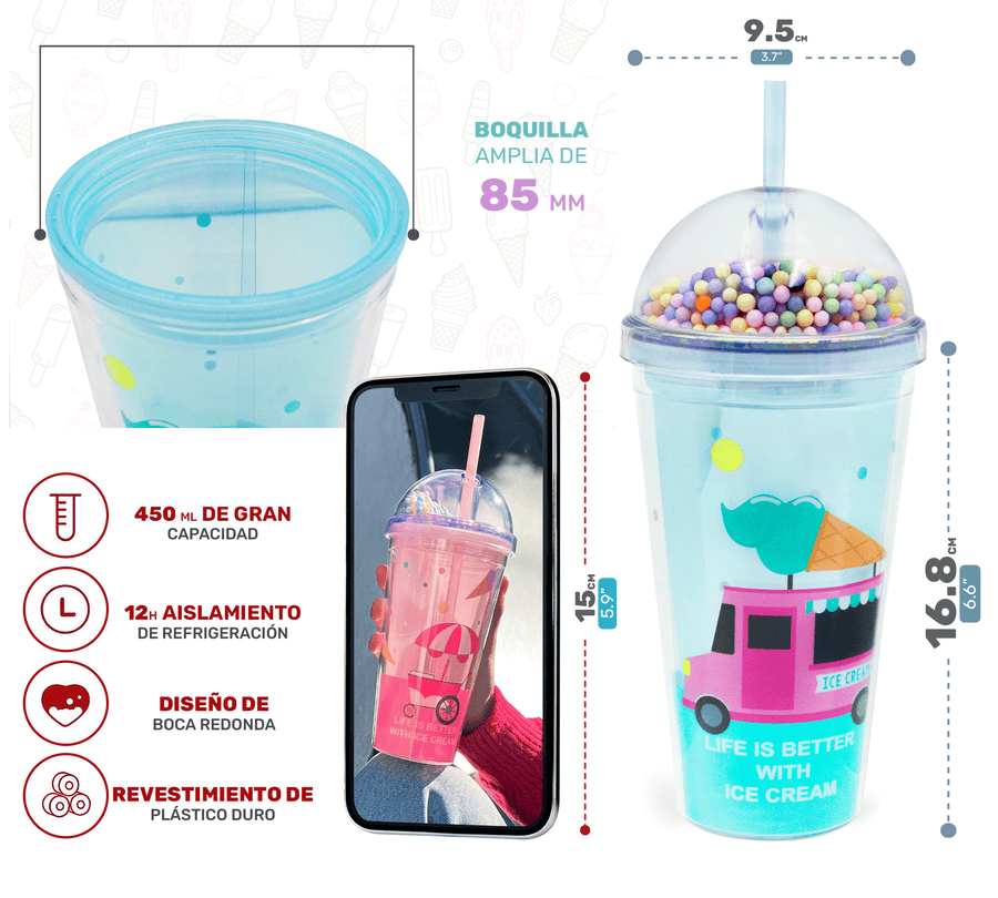 Vaso Congelable con Luz LED y Confeti 450 ml · Con Popote y Tapa Domo