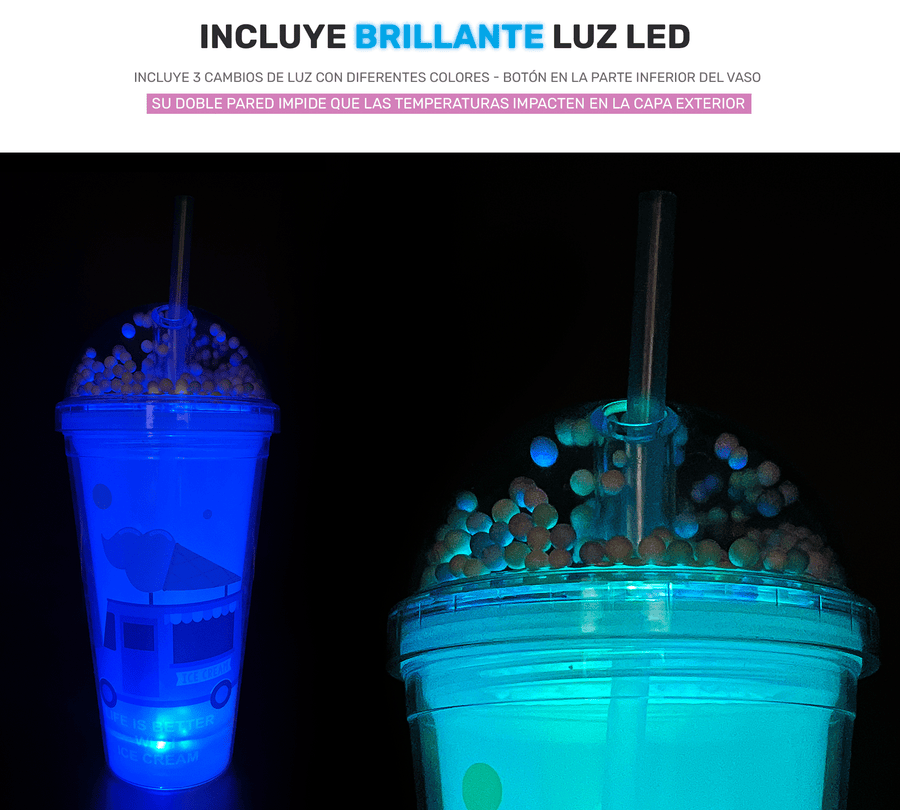 Vaso Congelable con Luz LED y Confeti 450 ml · Con Popote y Tapa Domo