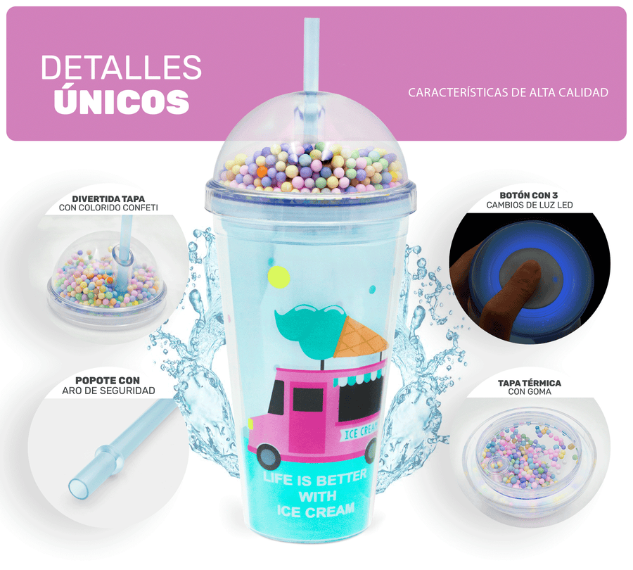 Vaso Congelable con Luz LED y Confeti 450 ml · Con Popote y Tapa Domo