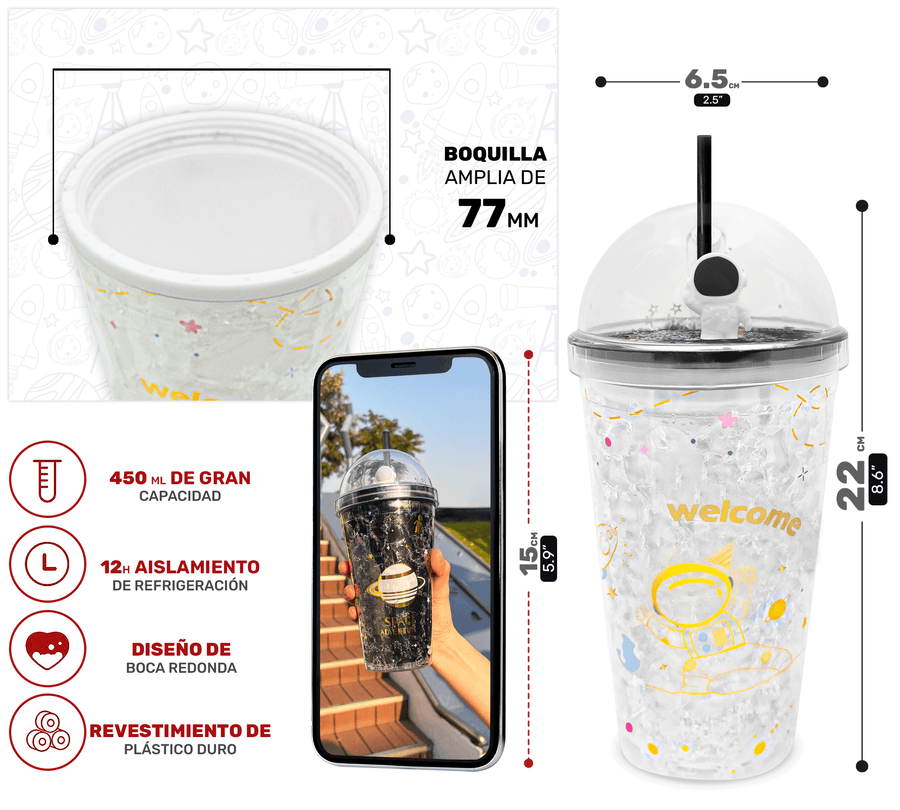 Vaso Congelable Infantil Diseño Astronauta 450 ml · Con Popote y Tapa Domo