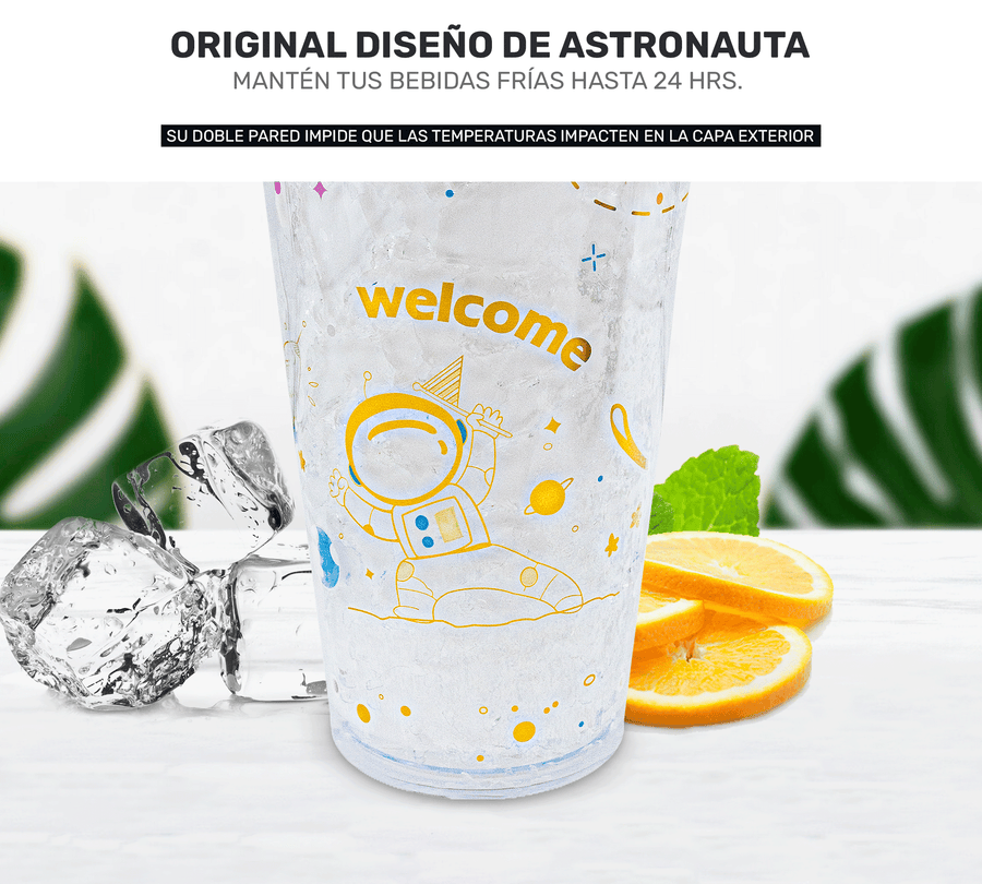 Vaso Congelable Infantil Diseño Astronauta 450 ml · Con Popote y Tapa Domo