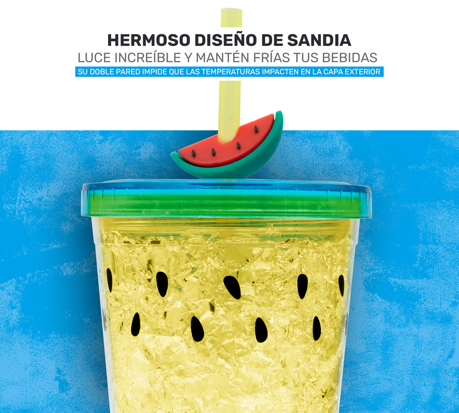 Vaso Frappé Congelable Diseño Sandía 450 ml · Gel Refrigerante · Con Popote color Amarillo