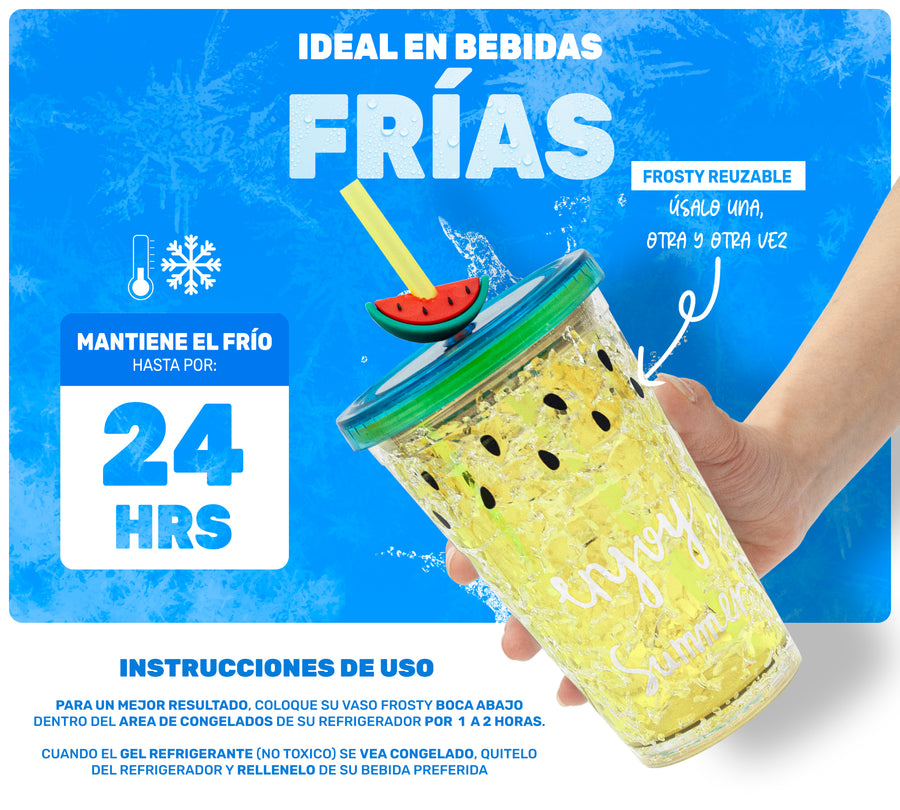 Vaso Frappé Congelable Diseño Sandía 450 ml · Gel Refrigerante · Con Popote color Amarillo