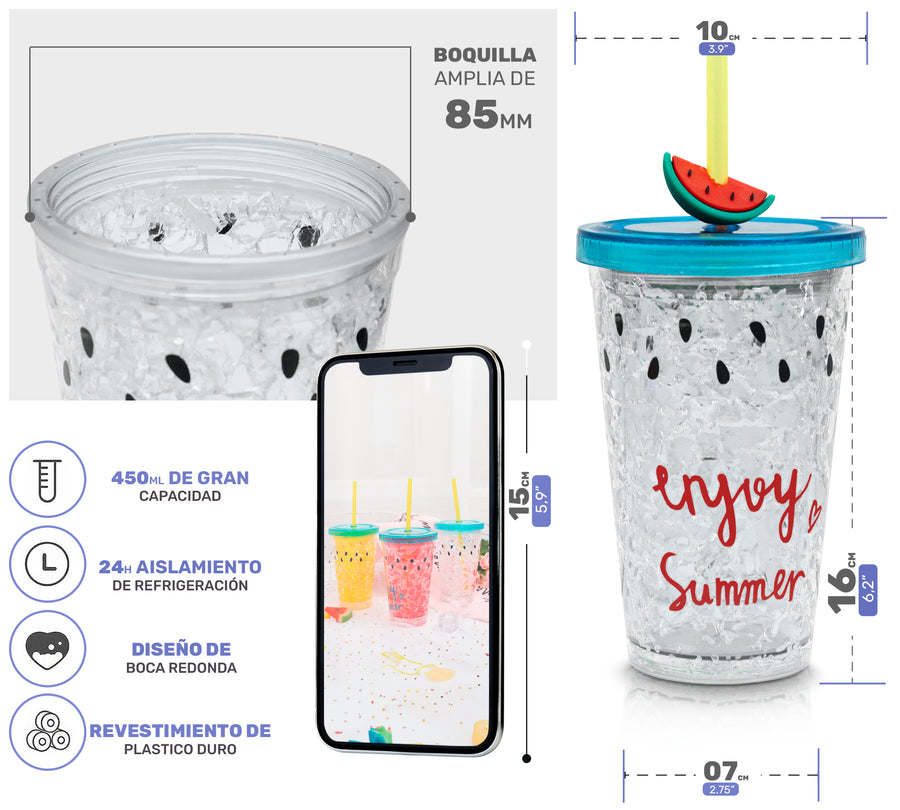 Vaso Frappé Congelable Diseño Sandía 450 ml · Gel Refrigerante · Con Popote color Blanco
