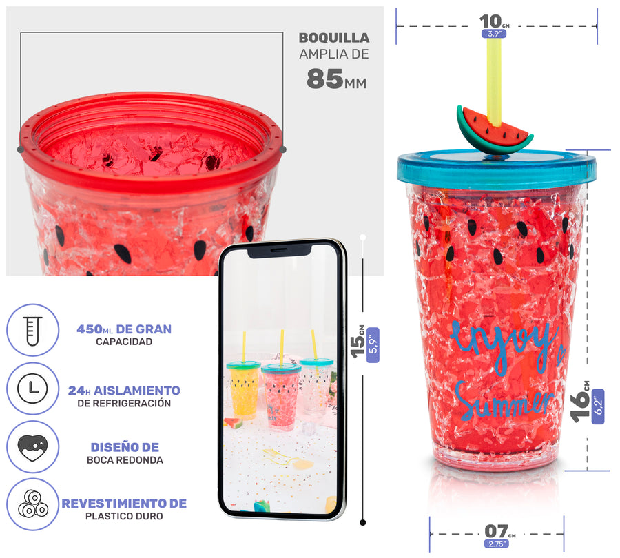 Vaso Frappé Congelable Diseño Sandía 450 ml · Gel Refrigerante · Con Popote color Rojo