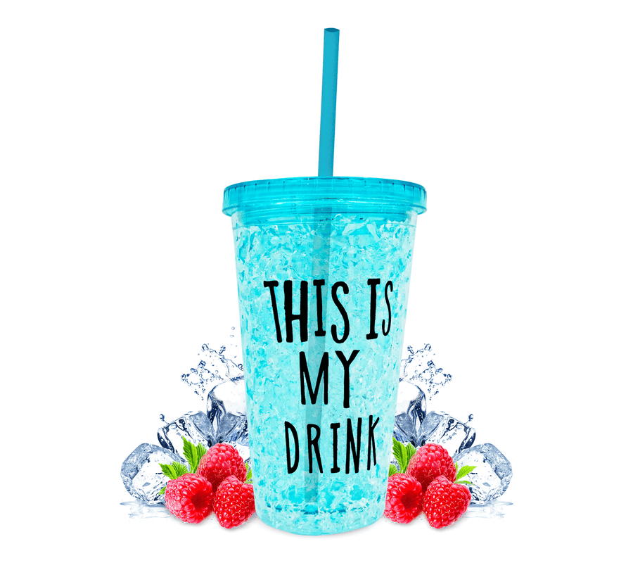 Vaso Frappé Congelable “This Is My Drink” 450 ml · Gel Refrigerante · Con Popote color Azul
