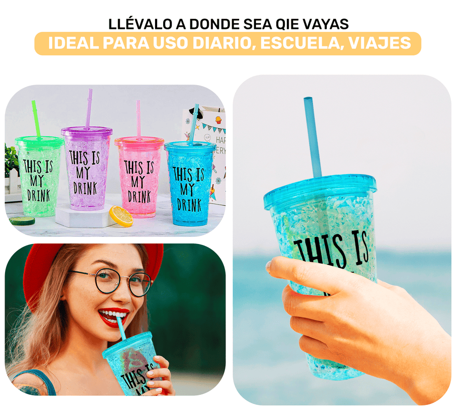 Vaso Frappé Congelable “This Is My Drink” 450 ml · Gel Refrigerante · Con Popote color Azul
