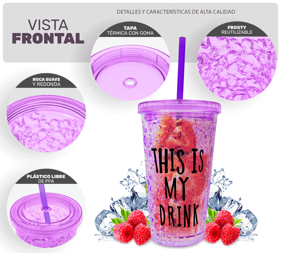 Vaso Frappé Congelable “This Is My Drink” 450 ml · Gel Refrigerante · Con Popote color Morado