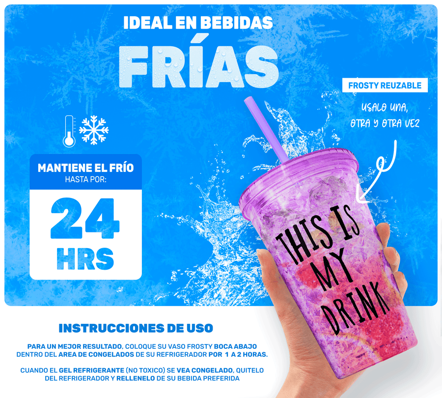 Vaso Frappé Congelable “This Is My Drink” 450 ml · Gel Refrigerante · Con Popote color Morado