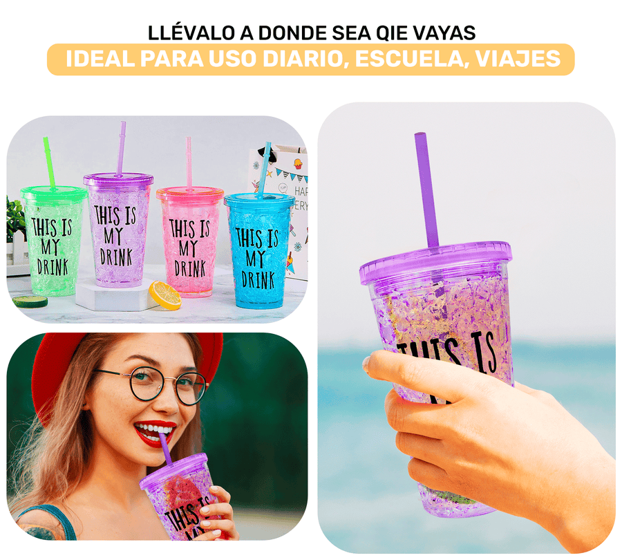 Vaso Frappé Congelable “This Is My Drink” 450 ml · Gel Refrigerante · Con Popote color Morado