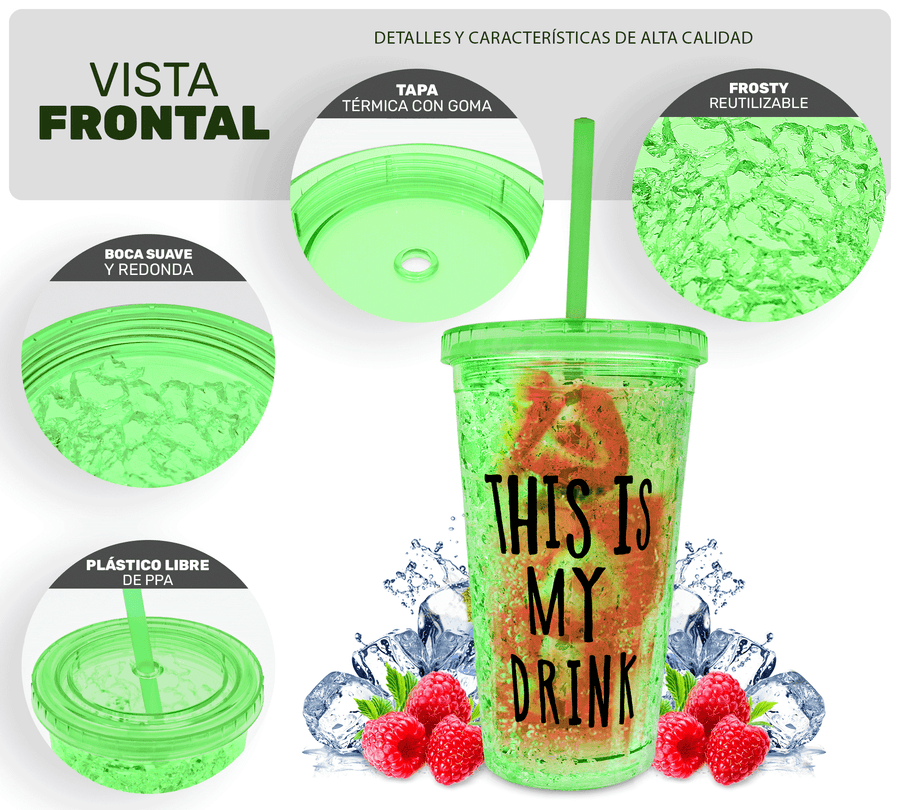 Vaso Frappé Congelable “This Is My Drink” 450 ml · Gel Refrigerante · Con Popote color Verde