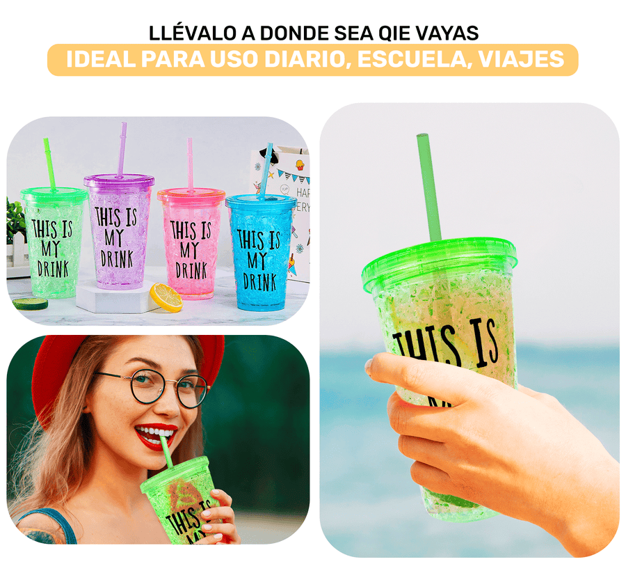 Vaso Frappé Congelable “This Is My Drink” 450 ml · Gel Refrigerante · Con Popote color Verde