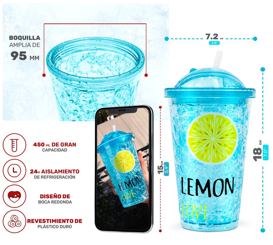 Vaso Frappé Congelable con Diseño de Frutas 450 ml · Gel Refrigerante · Con Popote color Limón (azul)