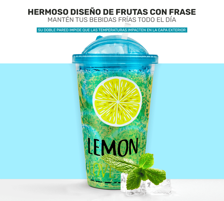 Vaso Frappé Congelable con Diseño de Frutas 450 ml · Gel Refrigerante · Con Popote color Limón (azul)