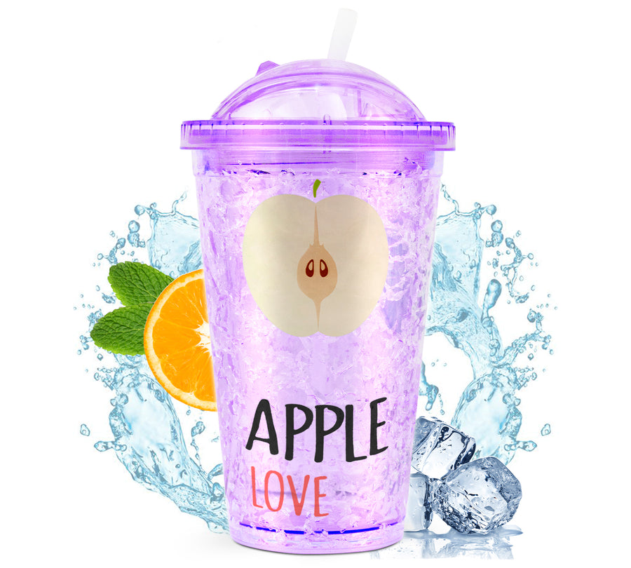 Vaso Frappé Congelable con Diseño de Frutas 450 ml · Gel Refrigerante · Con Popote color Manzana (morado)