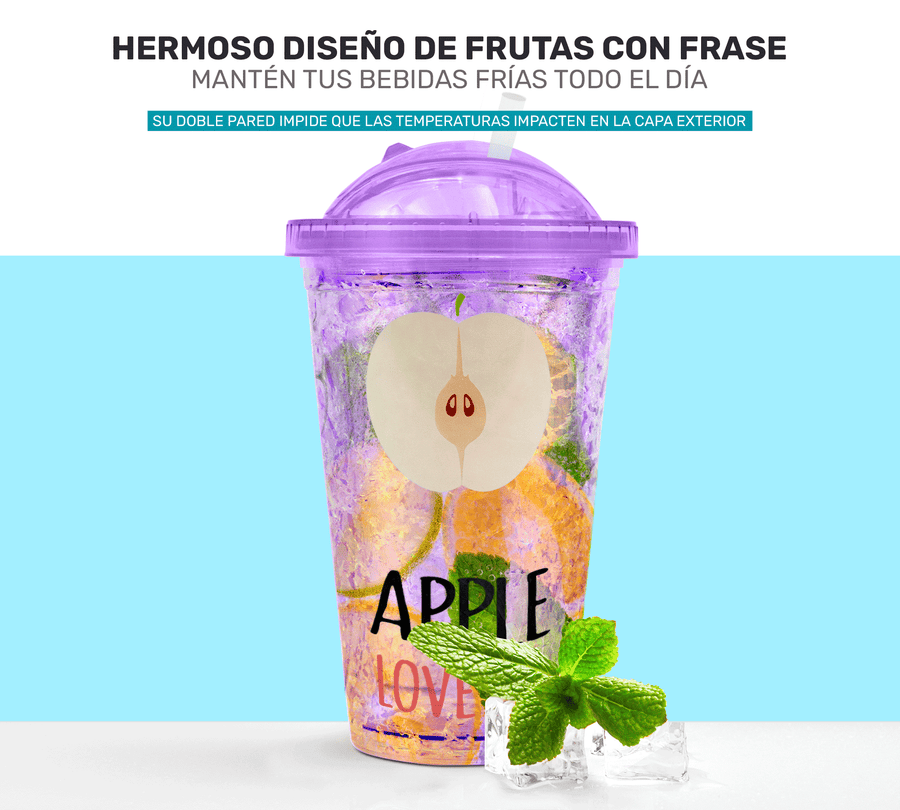 Vaso Frappé Congelable con Diseño de Frutas 450 ml · Gel Refrigerante · Con Popote color Manzana (morado)