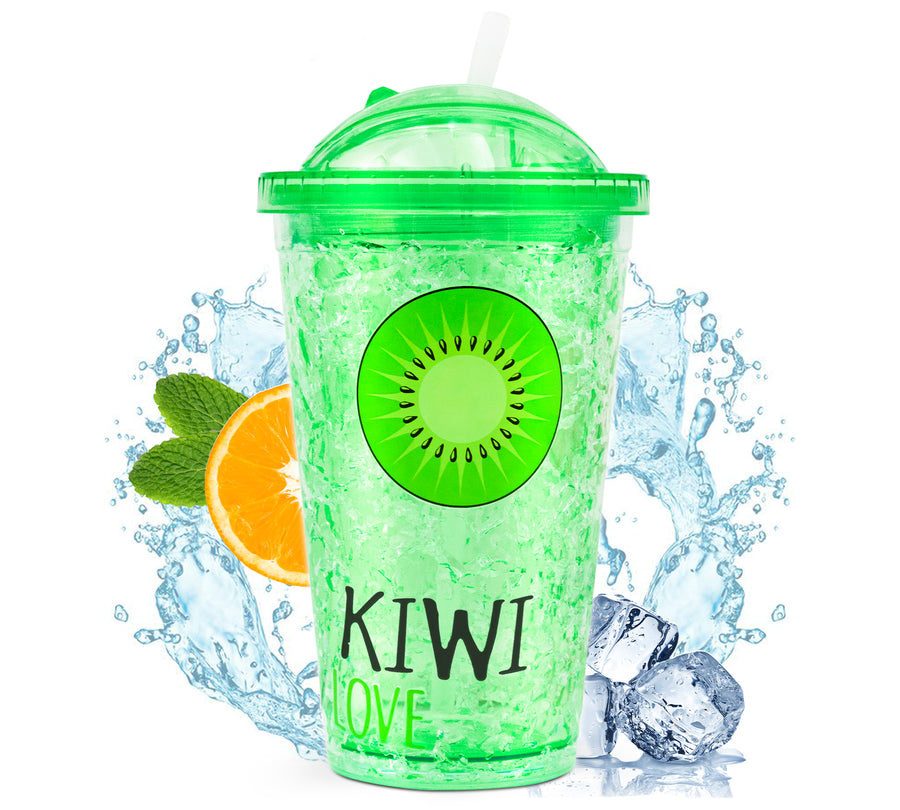 Vaso Frappé Congelable con Diseño de Frutas 450 ml · Gel Refrigerante · Con Popote color Kiwi (verde)