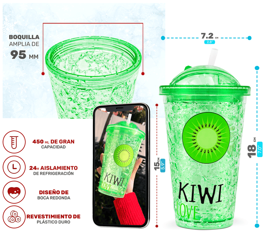 Vaso Frappé Congelable con Diseño de Frutas 450 ml · Gel Refrigerante · Con Popote color Kiwi (verde)