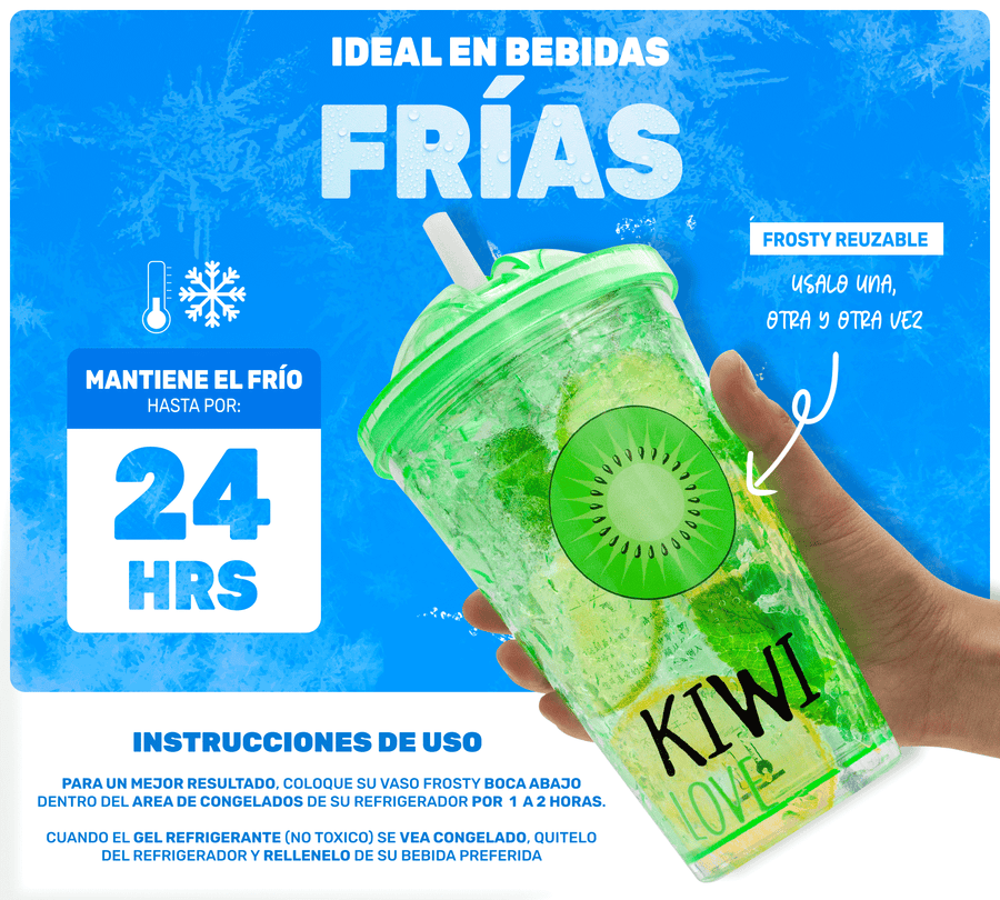 Vaso Frappé Congelable con Diseño de Frutas 450 ml · Gel Refrigerante · Con Popote color Kiwi (verde)