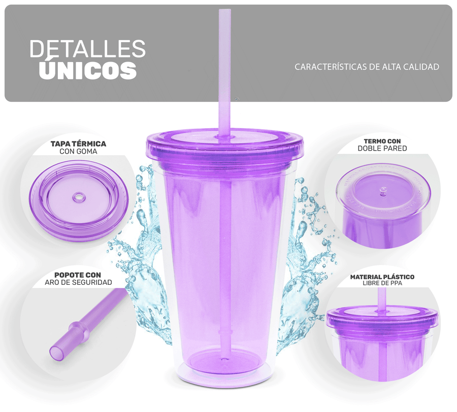 Vaso Térmico con Popote y Tapa 450 ml · Doble Pared · Colores Neón color Morado