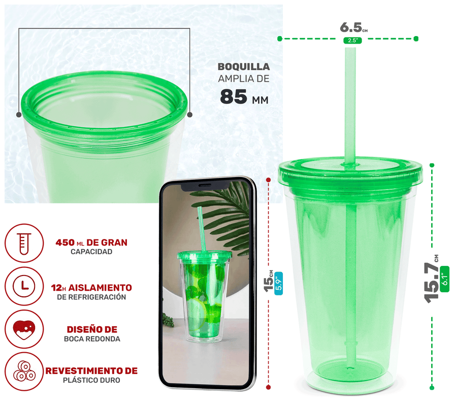 Vaso Térmico con Popote y Tapa 450 ml · Doble Pared · Colores Neón color Verde