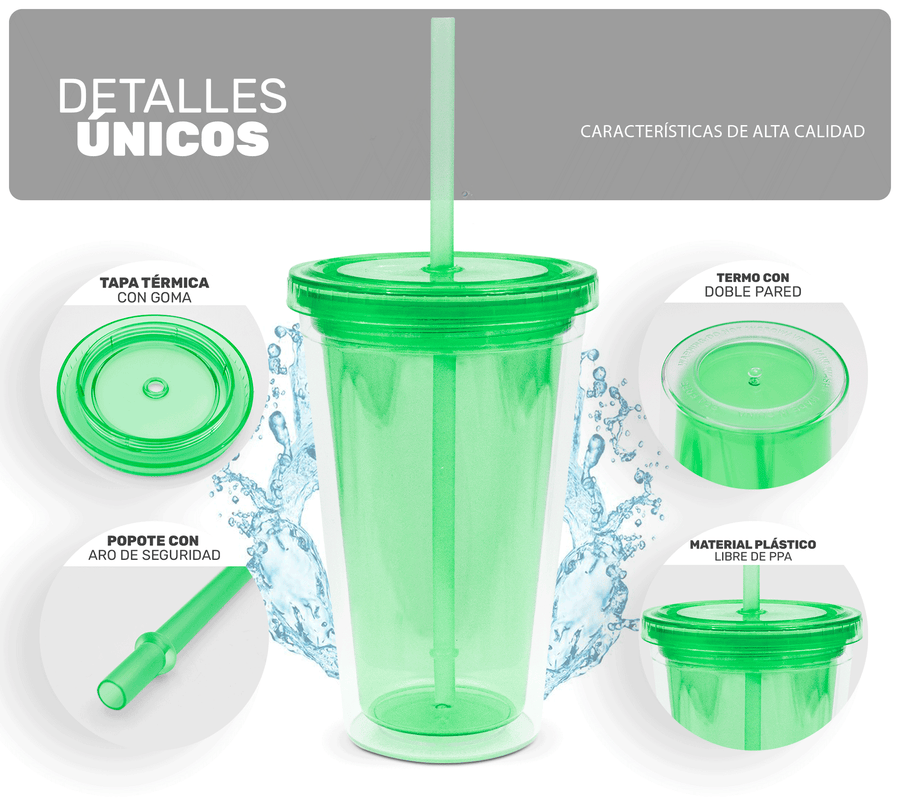 Vaso Térmico con Popote y Tapa 450 ml · Doble Pared · Colores Neón color Verde