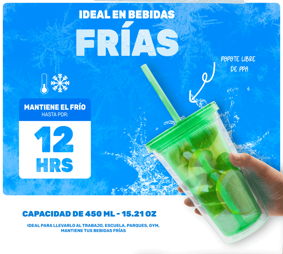Vaso Térmico con Popote y Tapa 450 ml · Doble Pared · Colores Neón color Verde