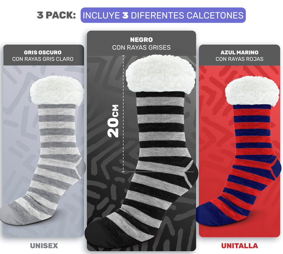 3 Pares de Calcetones Térmicos con Sherpa a Rayas · Antiderrapantes · Unitalla Unisex