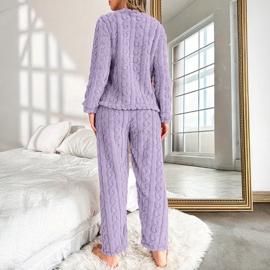 Pijama Afelpada Mujer Textura Trenzada · Suéter y Pantalón Tipo Peluche · Talla G/XG color Morado