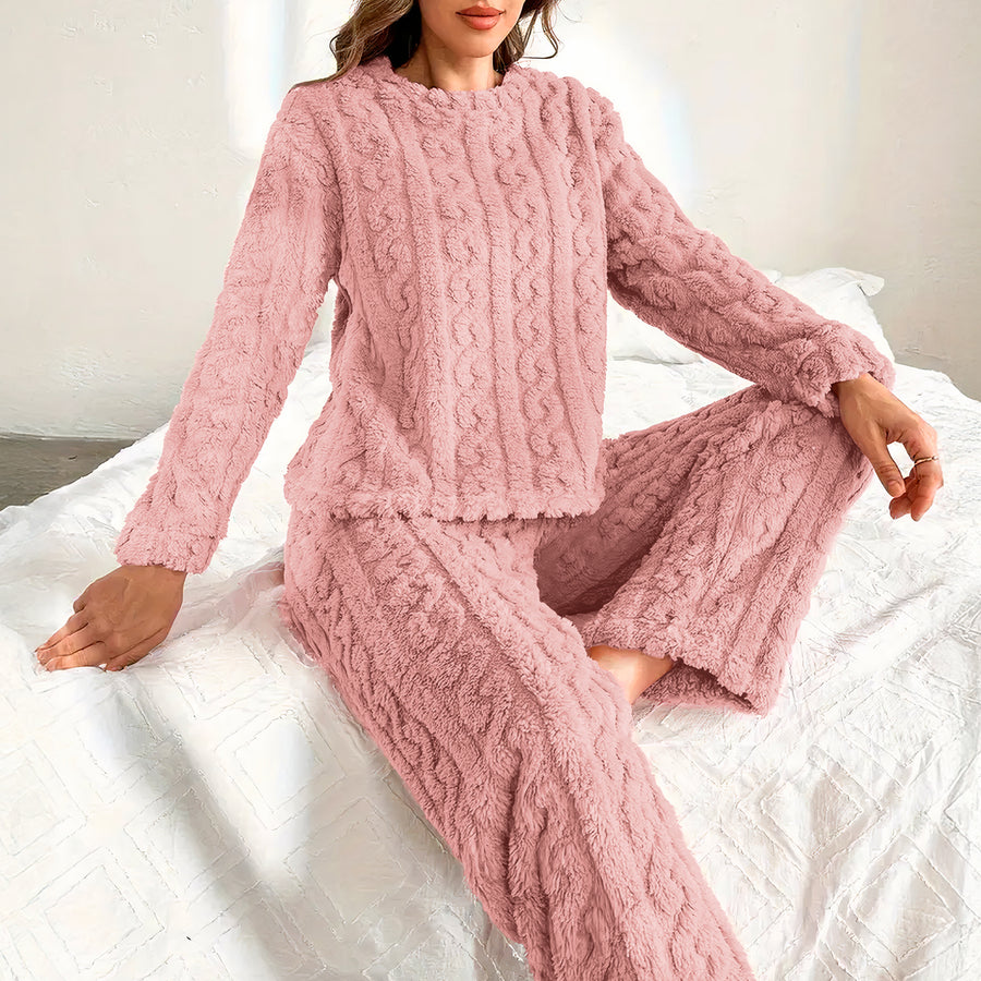 Pijama Afelpada Mujer Textura Trenzada · Suéter y Pantalón Tipo Peluche · Talla G/XG color Rosa