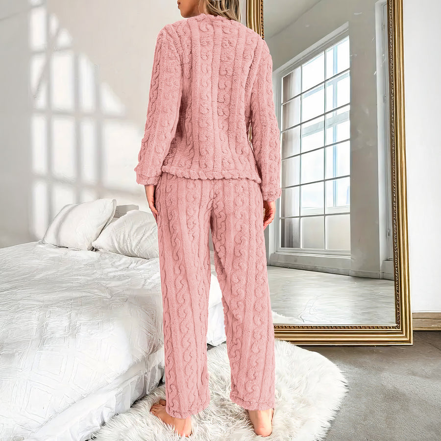 Pijama Afelpada Mujer Textura Trenzada · Suéter y Pantalón Tipo Peluche · Talla G/XG color Rosa