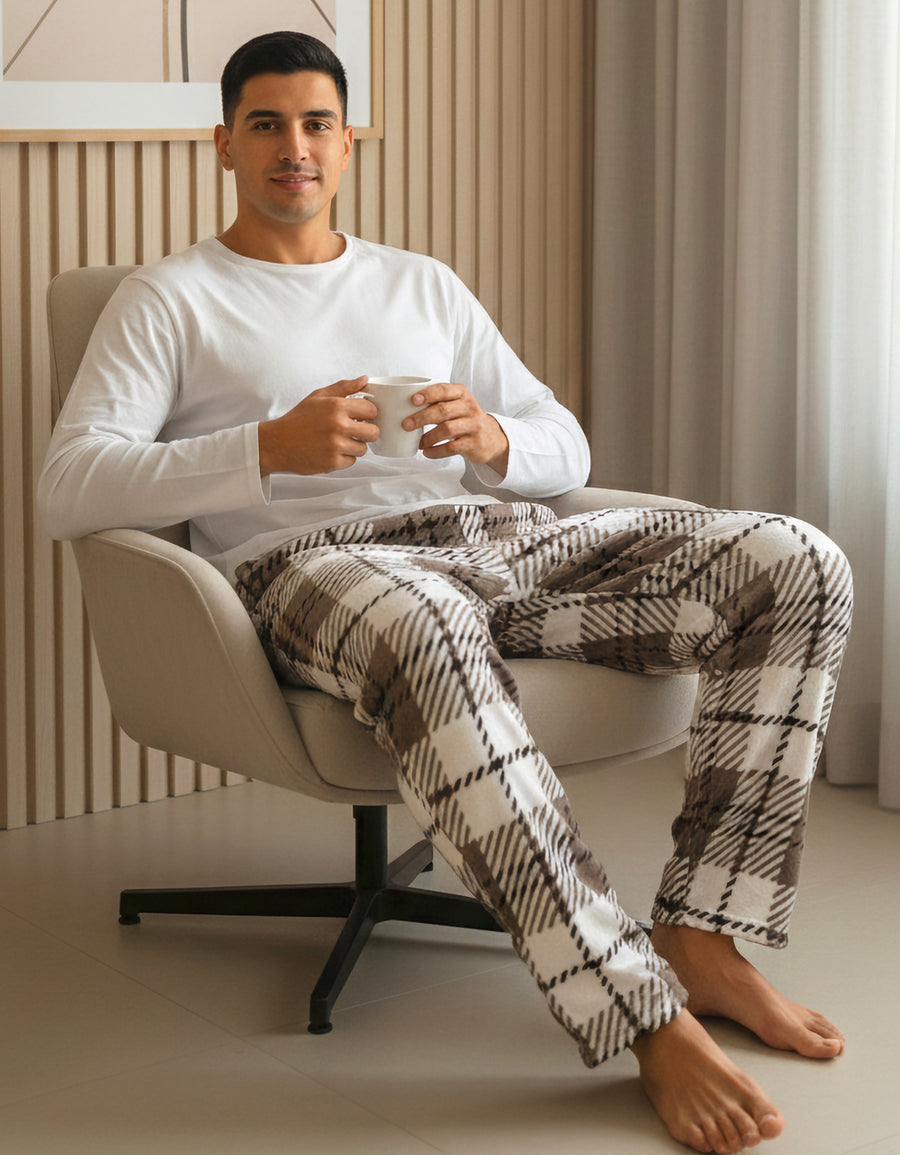 Pantalón de Pijama Hombre a Cuadros · Suave y Cómodo · Unitalla color Cuadros Café y Blanco